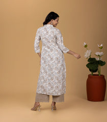 Off-White and Beige Floral Printed Kurta: KR0840