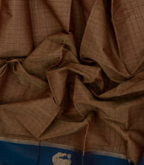 Brown Handloom Kanchi Cotton Saree With Checks & Contrast Border-KC1682