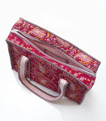 Red Bagru Printed Handmade Cotton Quilted Tote Bag With Zipper-ACS1045