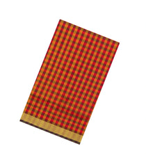 Red & Mustard Handloom Silk Cotton Saree With Checks & Zari Border-SC4617