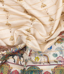 Cream Printed Synthetic Dupion Saree With Zari Stripes & Grey Border-SY0239