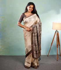 Taupe Printed Synthetic Tussar Silk Saree With Floral Motifs & Zari Border-SY0492