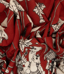 Crimson Woven Kalamkari Printed Cotton Saree & Zari Border