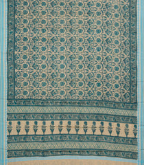Beige Handloom Chanderi Cotton Saree With Blue Printed Floral Motifs-CC1304