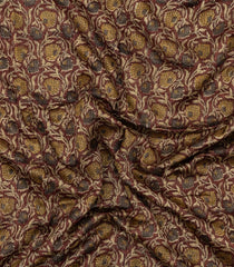 Brown Printed Chanderi Cotton Saree With Checks & Floral Motifs-CC1613