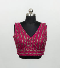 Pink Printed V Neck Ready Made Sleeveless Blouse With Back Open Style-RB5176