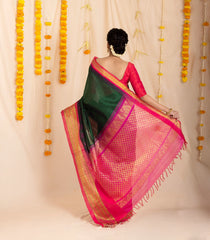 Dark Green Handloom Korvai Silk Cotton Saree With Contrast Temple Border-SC3877