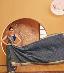 Indigo Handloom Silk Saree With Japanese Sashiko Patterns & Mount Fuji Pallu-KA12636