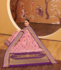 Soft Peach Handloom Kumo Korvai Silk Saree With Japanese Inspired Border & Pallu-KA12632