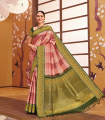 Peach Handloom Korvai Natural Dyed Silk Saree With Gradient Checks & Japanese Wave Border  - KA12631