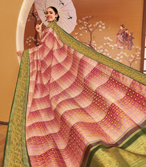 Peach Handloom Korvai Natural Dyed Silk Saree With Gradient Checks & Japanese Wave Border  - KA12631