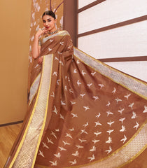 Mocha Mousse Handloom Natural Dyed Silk Saree With Japanese Cranes-KA12633