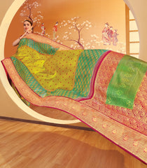 Lime Yellow Handloom Korvai Japan Silk Saree With Japanese Motifs-KA12635