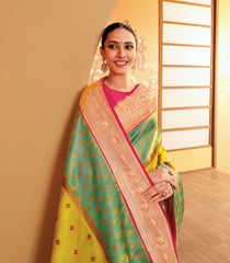 Lime Yellow Handloom Korvai Japan Silk Saree With Japanese Motifs-KA12635