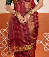Maroon Handloom Kanchipuram 9 Yards Silk Saree With Zari Checks-KA15415