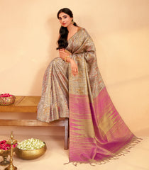 Taupe Handloom Kanchipuram Silk Saree With Meena Bird Motifs-KA15567