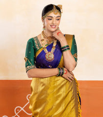 Blue Handloom Kanchipuram 9 Yards Silk Saree With Buttas & Contrast Border-KA13407