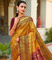 Mango Yellow Handloom Korvai Kanchipuram Silk Saree With Zari Checks & Buttas-KA13916