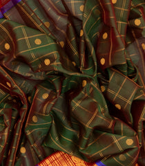 Dark Olive Handloom Gadwal Silk Cotton Saree With Checks & Buttas-GA0215