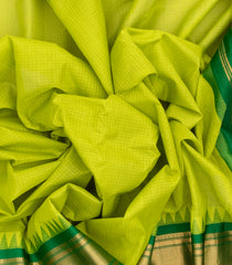 Neon Green Handloom Gadwal Cotton Saree With Checks & Temple Border-GA0244