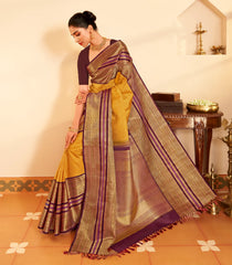 Yellow Handloom Korvai Kanchipuram Silk Saree With Veldhari Stripes-KA15527