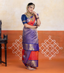 Orange Handloom Korvai Kanchipuram 9 Yards Silk Saree With Stripes & Contrast Border-KA13408