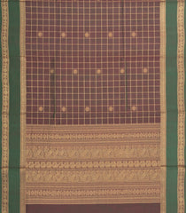 Brown Handloom Silk Cotton Saree With Checks & Yazhi Motifs-SC4045