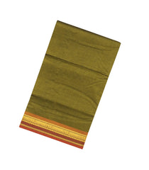 Olive Green Handloom Silk Cotton Saree With Stripes & Contrast Border-SC3670