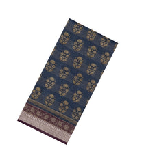 Dark Grey Printed Chanderi Cotton Saree With Checks & Floral Motifs-CC1618