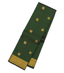 Bottle Green Handloom Kanchipuram Silk Saree With Checks & Annam Buttas