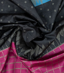 Black Woven Synthetic Dupion Saree With Checks & Floral Motifs-BL4470