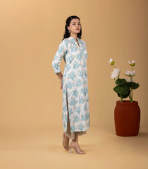 Off-White and Teal Blue Printed Casual Kurta-KR0853