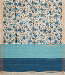 Taupe Handloom Tussar Silk Saree With Blue Printed Motifs-TU3438