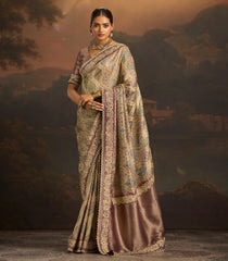 Taupe Woven Blended Tissue silk with Position Print & Heavy Embrodiery Hand Diamond Moti Work-BL4036
