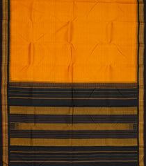 Mustard Handloom Korvai Kanchipuram Silk Saree With Stripes & Black Border-KA13136