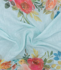 Turquoise Printed Synthetic Linen Saree With Floral Motifs-SY0160