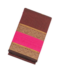 Maroon Handloom Kanchi Cotton Saree With Checks & Annam Buttas