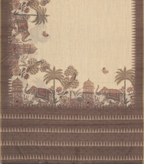 Cream Printed Synthetic Linen Saree with Jhalar-BL5335