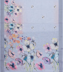 Grey Printed Synthetic Linen Saree With Floral Motifs-SY0187