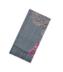 Grey Printed Art Dupion Saree With Bird Motifs-BL6140