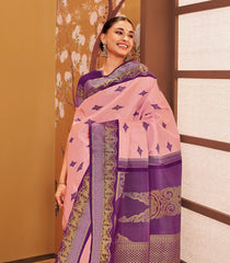 Soft Peach Handloom Kumo Korvai Silk Saree With Japanese Inspired Border & Pallu-KA12632