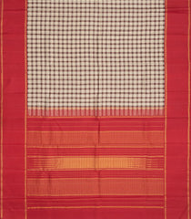 Brown Handloom Korvai Kanchipuram Silk Saree With Checks & Crimson Border-KA12491