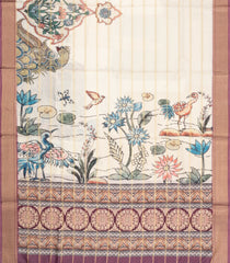 Cream Printed Synthetic Dupion Saree With Zari Stripes & Pink Border-SY0241