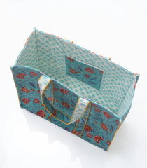 Cyan Bagru Printed Handmade Cotton Quilted Tote Bag-ACS1030