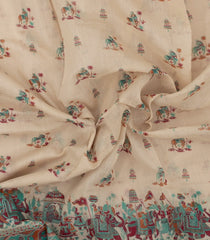 Beige Printed Blended Cotton Saree With Wedding Motifs-BL6251