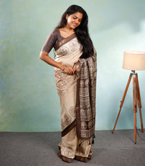 Taupe Printed Synthetic Tussar Silk Saree With Floral Motifs & Zari Border-SY0492