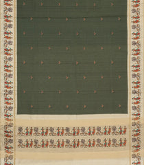 Dark Green Printed Synthetic Tussar Saree With Zari Stripes-BL5376