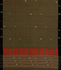 Dark Olive Handloom Bengal Cotton Saree With Floral Buttas-BG1935-Dark Olive