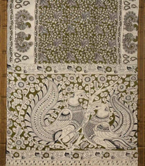 Green Woven Kalamkari Printed Cotton Saree With Annam Motifs