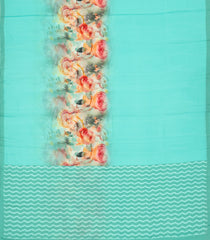 Turquoise Woven Pure Satin Silk Saree With Printed Floral Motifs